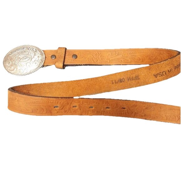 Vintage Justin Boots Brand Champion‎ Buckle W/ Cowhide Leather Sz 26 Belt main image 5